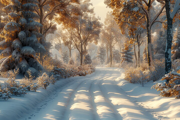 A snowy forest landscape adorned with frost-covered trees, creating a winter wonderland of...