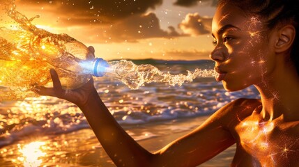 a woman holding a bottle of water in front of a body of water with the sun shining on her face. - obrazy, fototapety, plakaty