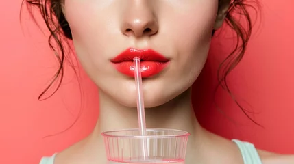 Poster a woman with a straw in her mouth and a drink in a cup in front of her face with a straw sticking out of her mouth. © Anna