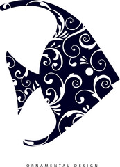 Fish silhouette decorated with Victorian and elegant ornaments. Shape for logo or decoration element.