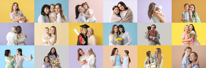 Collage with happy women and children on color background. Mother's Day