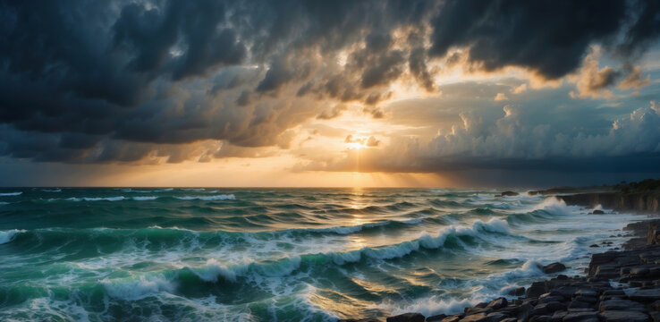 Sunrise on the sea Stormy sea beach