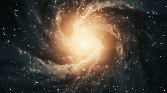 An image of a galaxy with the shape of a whirlpool, an image of a collection of luminous stars with a central sun.