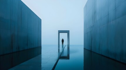 Man Venturing Through an Open Door in a Minimalist Urban Setting on a Foggy Day