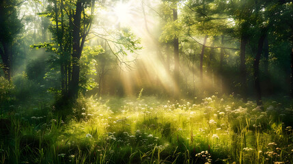 Fototapeta premium Morning Sunlight Illuminating Ancient Forest Wild Grasses in Peaceful Harmony