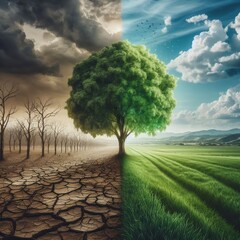 Contrast of green to dry and barren. a tree growing in the center of a dry vs green field. Climate change concept. 