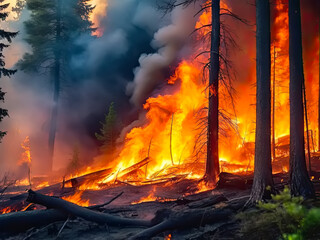 Wildfire in a forest. Nature disaster.