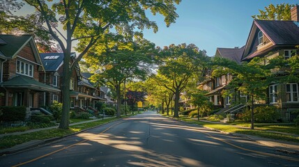 Quiet residential city street lined with trees and vintage houses - obrazy, fototapety, plakaty