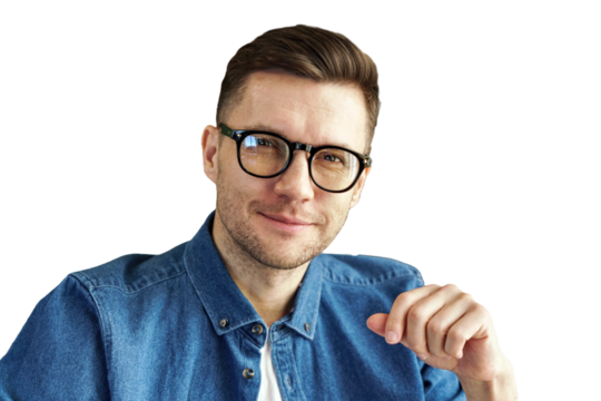 Portrait of a male administrator or office worker, wearing glasses. The background is transparent.
