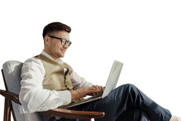 A manager works in a modern office. He is seen using a computer at his desk. The background is transparent.
