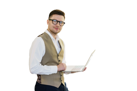 A guy works in an office, and he uses a computer there. It's all set up on a white background, so you can see everything he's doing.