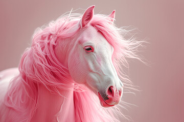 Stylish portrait of horse against a vibrant pink background. Close up.
