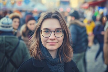 portrait of a young woman with glasses in a crowd, student, demonstration, event - obrazy, fototapety, plakaty