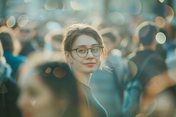 portrait of a young woman with glasses in a crowd, student, demonstration, rally, 