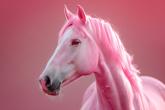 Stylish portrait of horse against a vibrant pink background. Close up.