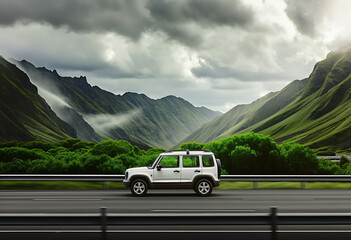 Fototapeta premium Suv on the road of mountains.