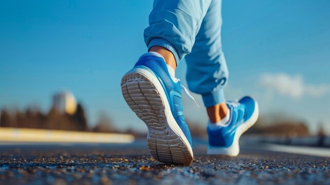 A person wearing blue sneakers running on a road, AI