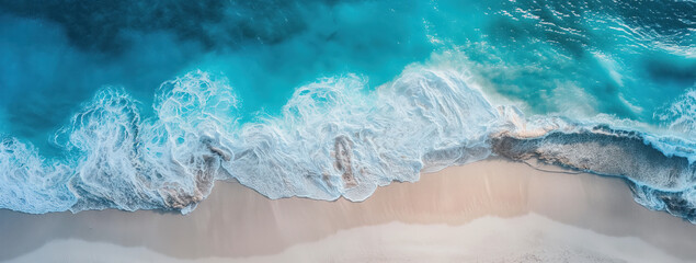 Fototapeta premium Aerial top view of tropical beach with waves of ocean.