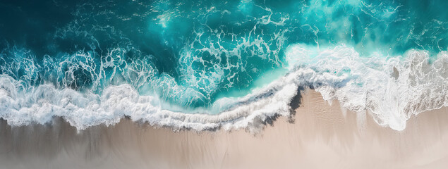 Aerial top view of tropical beach with waves of ocean.