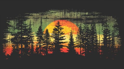 A sunset over a forest with trees and the sun in the background, AI