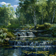  Landscape with a waterfall in the forest.