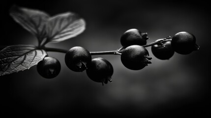 a black and white photo of berries hanging from a twig on a branch with leaves on a dark background.