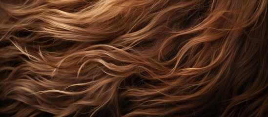 A detailed view showing the hair of a woman with long, wavy, and brown hair. - obrazy, fototapety, plakaty