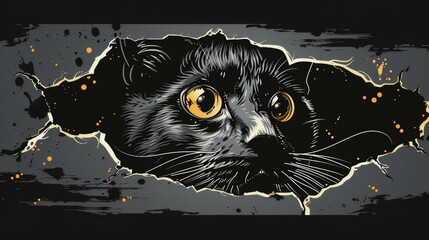 A black cat with yellow eyes peeking out of a hole in the wall, AI