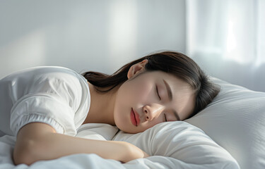 Fototapeta na wymiar Asian woman peacefully sleeping on a bed with white sheets.
