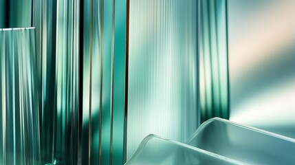 Abstract view of reflective glass surfaces with varying opacities and colors, creating a complex pattern of light and shadow for a visually striking effect