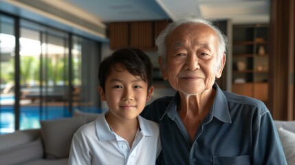 An asian man and his grandson standing in front of a pool. Generative AI.