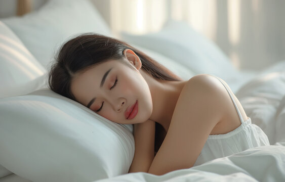 Asian woman peacefully sleeping on a bed with white sheets.