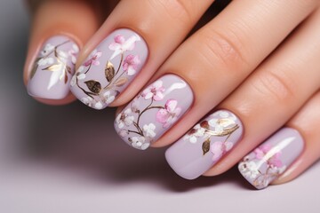 Close-up of nails adorned with intricate and elegant floral nail art. Ideal for beauty blogs, nail art tutorials, and fashion editorials focusing on the artistry of nail design