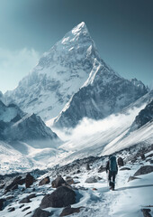 Fototapeta na wymiar Hiking to Himalayas. Success and achievement concept.