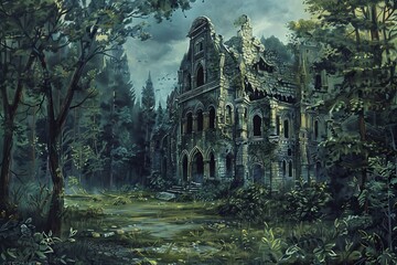 An eerie artwork depicting a derelict mansion in a gloomy forest, with its worn exterior hinting at unspoken mysteries and lost tales within.