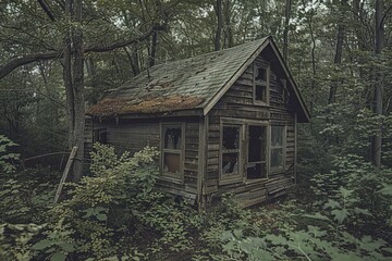 Fototapeta na wymiar An eerie image of a deserted cabin deep in the woods, with broken windows contributing to the sensation of desertion and overgrown vegetation reclaiming the exterior.