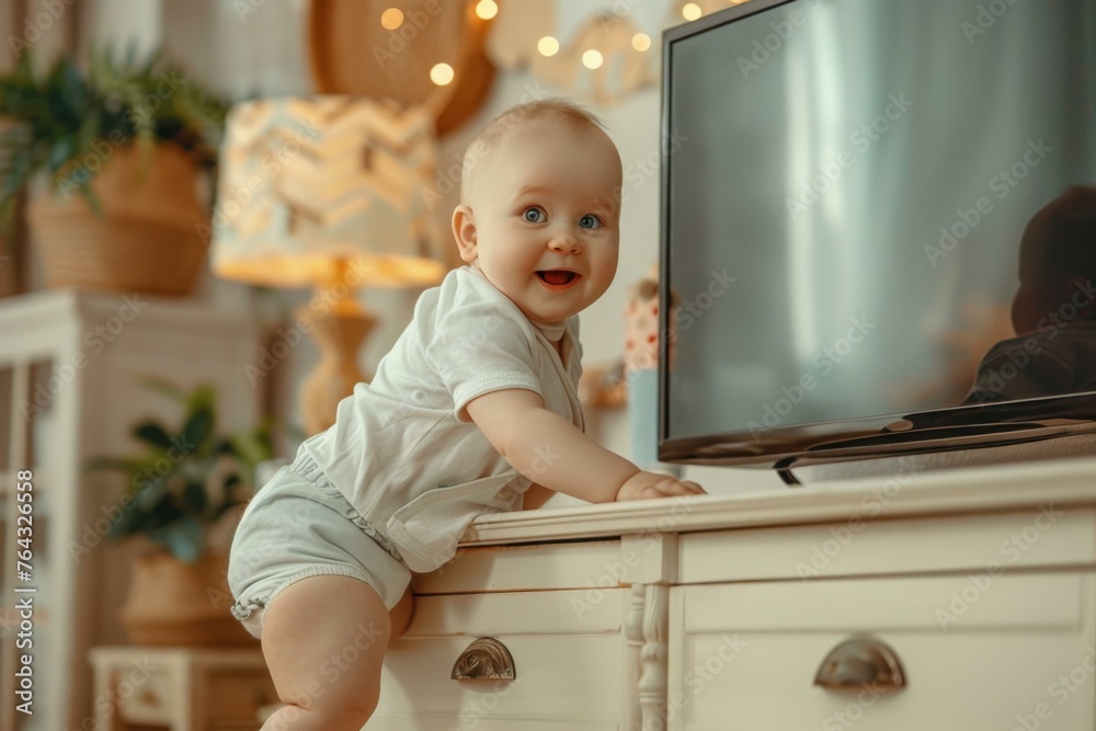 Canvas Prints A baby standing on top of a dresser in front of a tv. Generative AI.