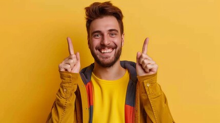 Fototapeta premium A man in yellow jacket making a peace sign with his fingers, AI