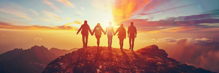 Group of people standing on top of a mountain with the sun setting behind them. Generative AI. - Powered by Adobe