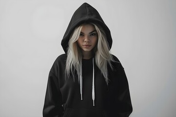 Girl In Black Hoodie Mockup On White Background. Concept Clothing Mockup, Black Hoodie, White Background, Female Model, Apparel Design