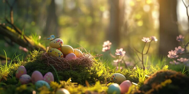easter scene with eggs in the nest and on the grass in the rays of morning sun among the spring nature