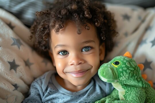 A young child with curly hair smiling with a stuffed dinosaur. Generative AI.