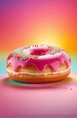 Freshly baked donut topped with generous amount of rainbow-colored sprinkles drizzled with rich sweet icing on colorful background. For culinary book, magazine, food blog, social media platforms.
