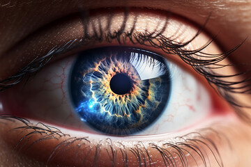 eye iris with digital reflections and futuristic elements, technology in vision, futuristic artwork