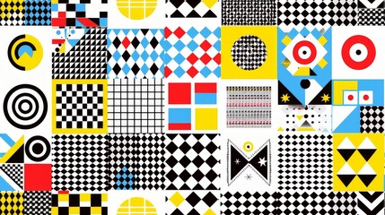 a multicolored abstract pattern with circles, squares, and rectangles in black, white, yellow, red, and blue.