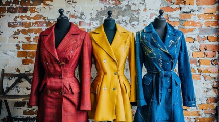 Fototapeta premium Three dresses on mannequins in front of a brick wall, AI