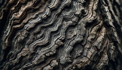 Detailed view of weathered tree bark, highlighting its complexity and the marks of time