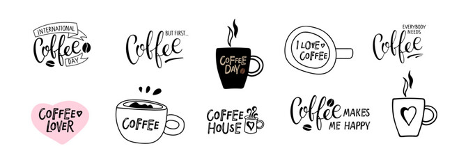 Coffee quotes set. Hand drawn typography quote collection. Vector handwritten lettering. Good morning mood phrases in doodle style. For coffee shop for greeting, invitation, card, sticker