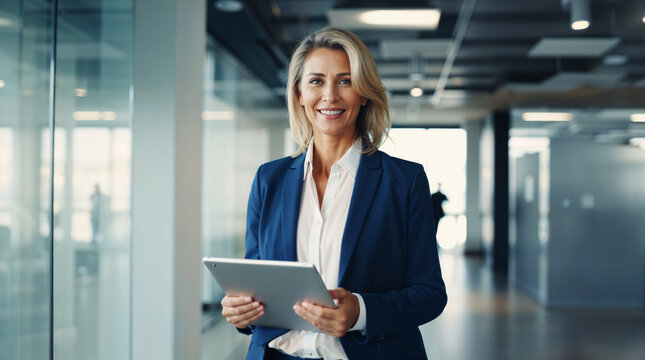 Smiling mature businesswoman using her digital tablet in a modern office background, middle aged executive manager wearing a suit working with modern tools, ceo or employee at work hd