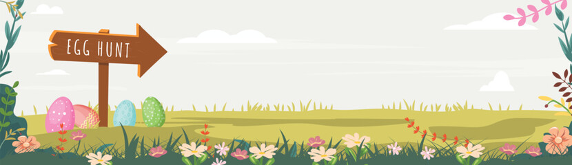 Sunny Easter Egg Hunt Adventure. Illustration of landscape with a shield egg hunt in the sunny day